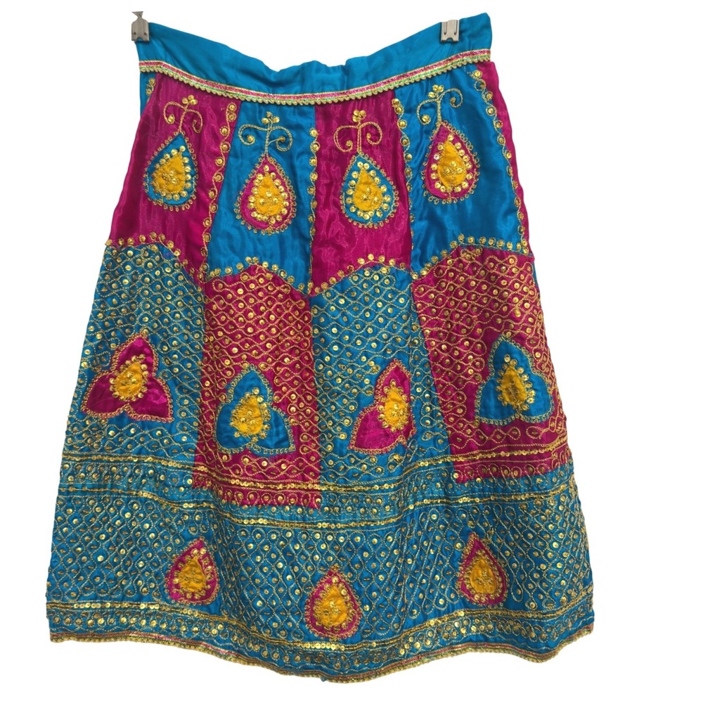 Vintage Chaniya Garba Skirt Pink Blue Sequin Mirror Embroidered Boho Navratri